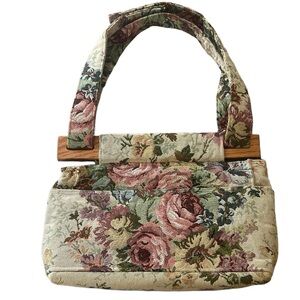 Vintage boho cottage floral tapestry wooden shoulder bag